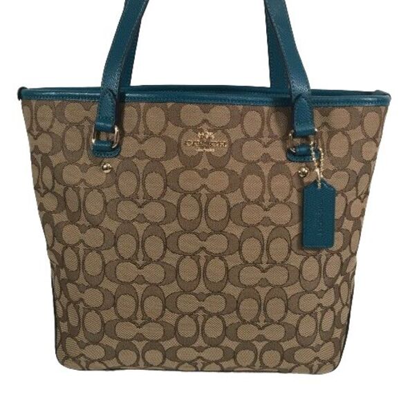 COACH F55364 Tote Bag Khaki & Atlantic Blue Signature Logo Canvas Leather Zip - Picture 1 of 16